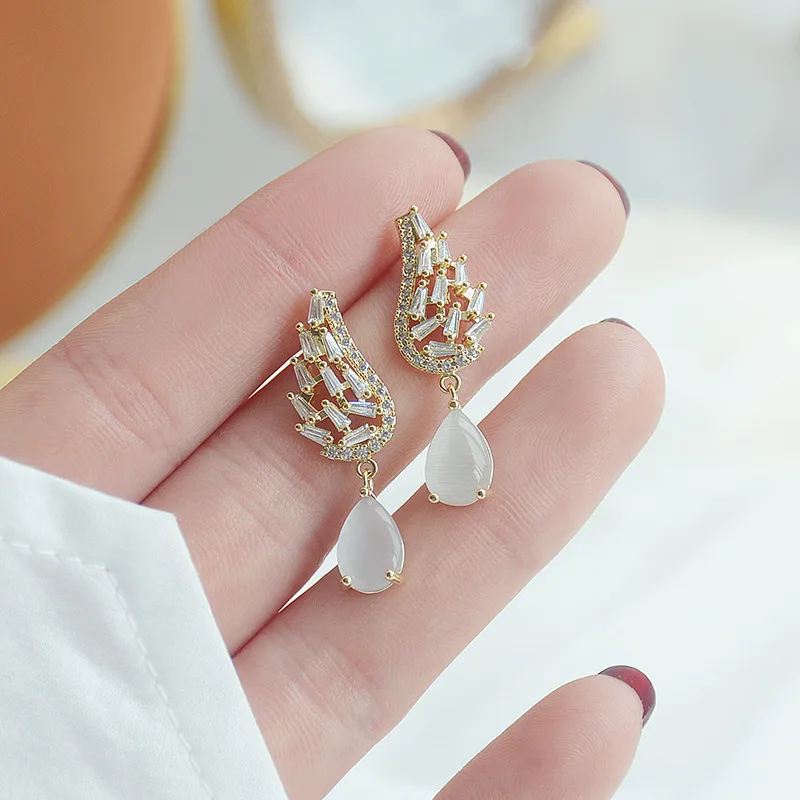 

14K Real Gold Micro-inlaid Zircon Wings Opal Water Drop Temperament Long Stud Earrings for Women Cubic Zircon ZC Earrings