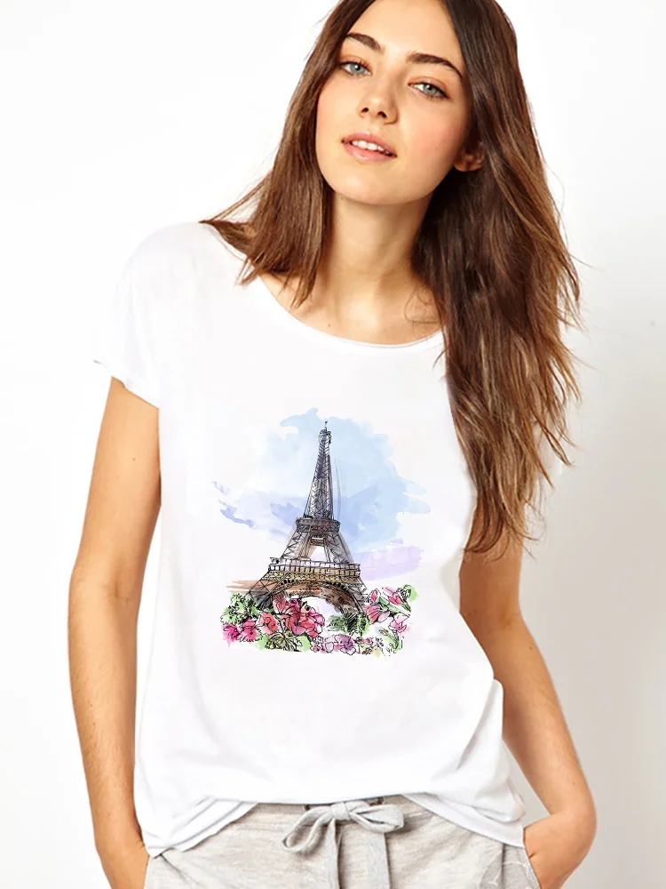 

Ladies Tshirt Paris Tower Print European Trend Refreshing Simple Short Sleeve 2022 New Summer Fashion Clothe Girls Aesthetic Top