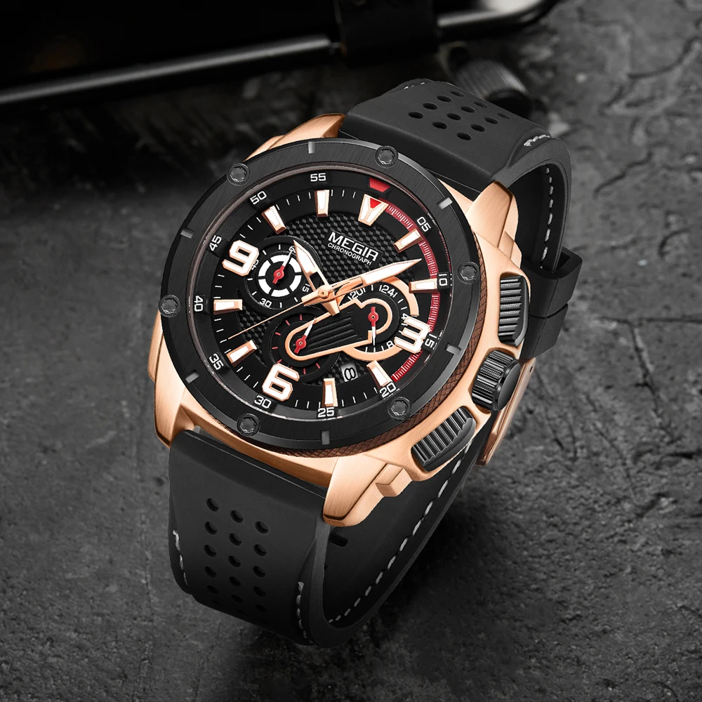 MEGIR черные спортивные часы для мужчин военные армейские Мужские Силиконовые