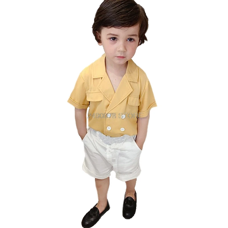 

Kids Summer Cool Shirt +White Shorts 2Pcs Clothing Set Flower Boys Formal Birthday Dress School Kids Birthday Gift Dance Suit