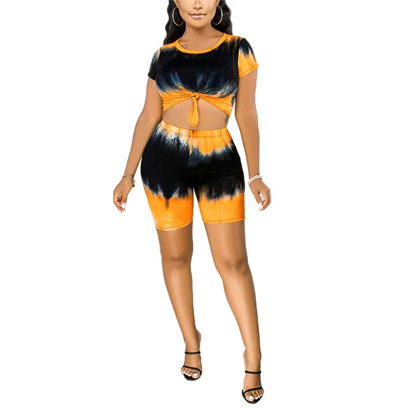 

Womens Leisure Suit Short Sets Summer Ladies Stylish Tie-Dyed O-Neck Short Sleeves T-Shirt Elastic Waist Slim Shorts Tracksuit