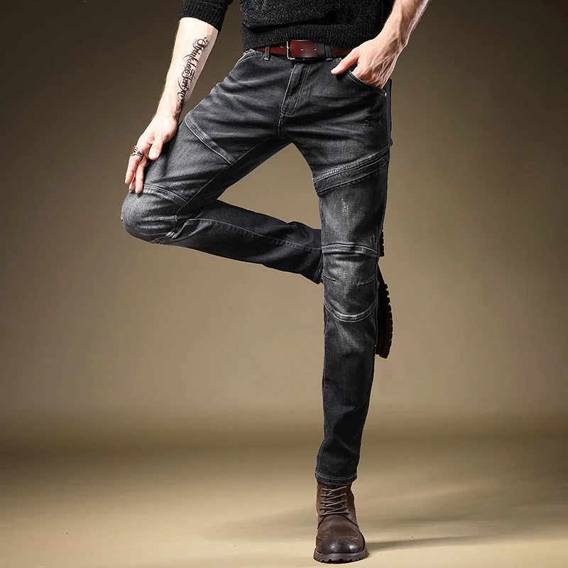 Autumn Men Black Biker Jeans Fashion Patchwork Straight Slim Fit Denim Trousers Casual Motorcycle Stretch Pants Jean