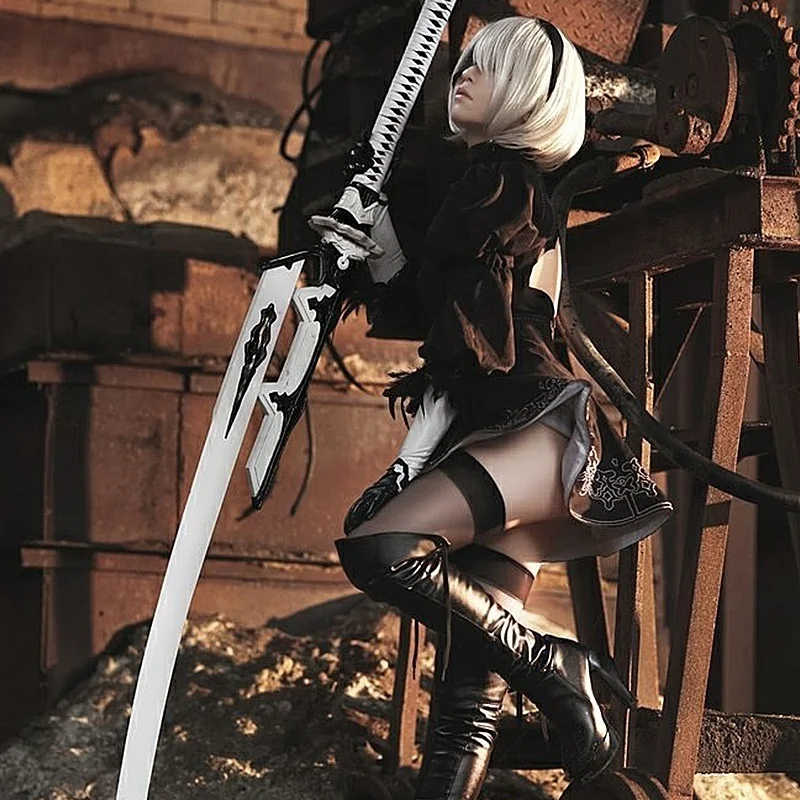 Обувь для косплея NieR Automata 2B YoRHa NO.2 Тип B черные кожаные сапоги выше колена с