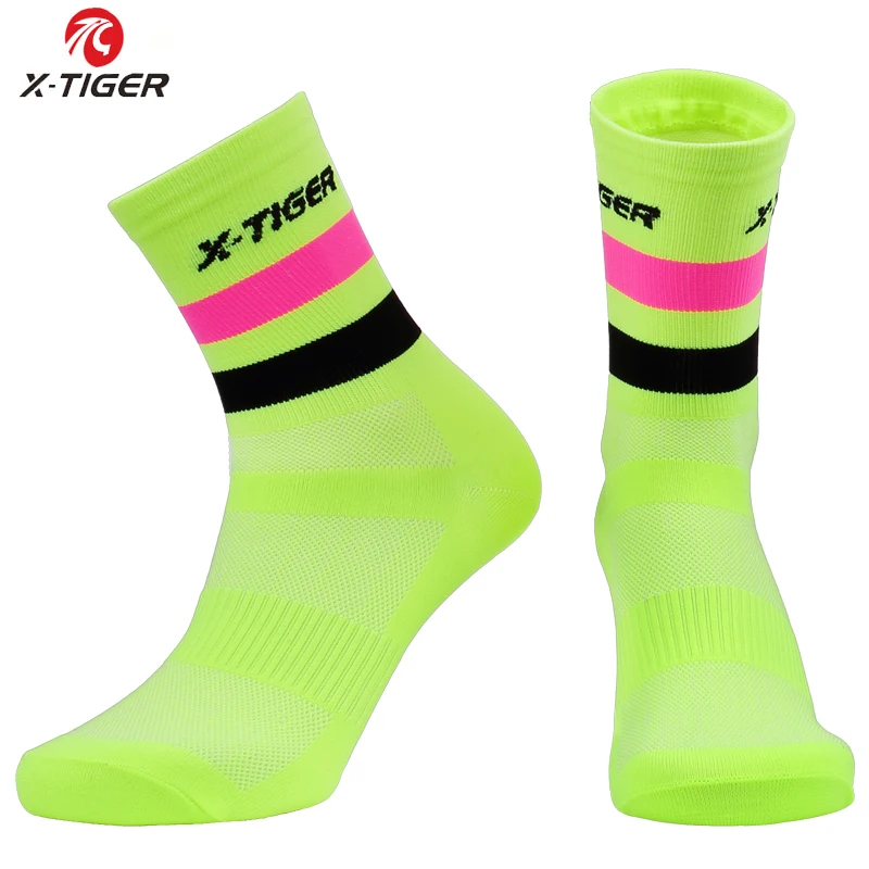 Fluore Yellow X-TIGER, высокое качество, профессиональные велосипедные носки для мужчин и женщин, дышащие велосипедные носки, для улицы, для гонок, велосипеда, Компрессионные спортивные носки - Цвет: Fluore Yellow