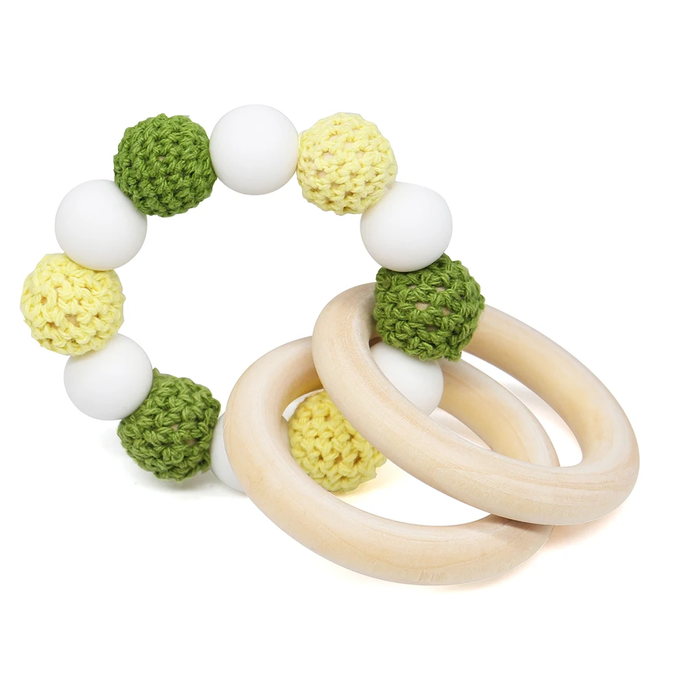 

Colorful 1pcs Baby Rattle Crochet BPA Free Silicone Teether Bracelet Beads Wooden Ring Handmaking Teething Toy For Hand Held