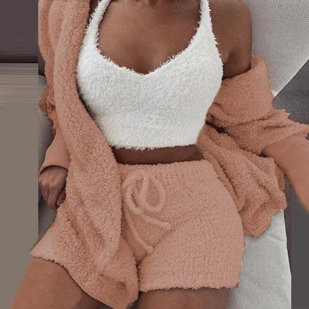 Long Plush 3-piece 2 Piece Sleeve Jacket Women Crop Top Shorts Set Suit 2019 New Female Leisure Sports Sets | Женская одежда