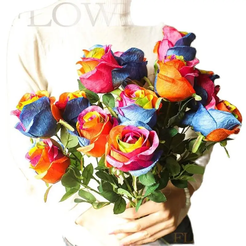 

10P Fake Single Stem Rainbow Rose 19" Length Simulation Colored Roses for DIY Wedding Bridal Bouquet