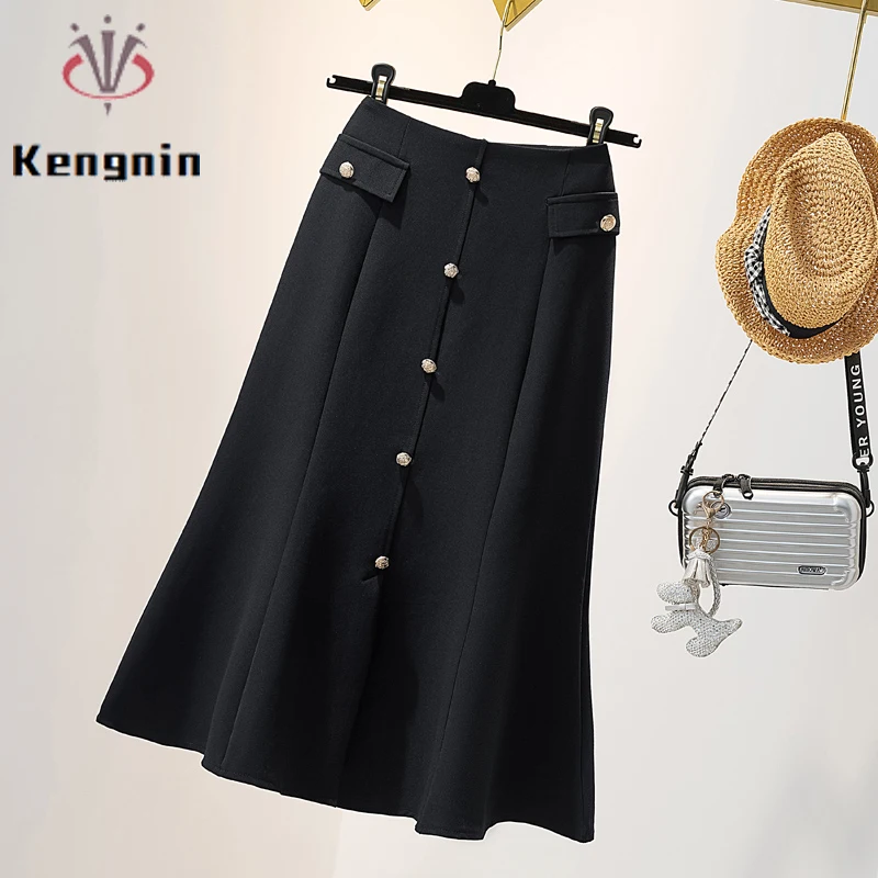 

Black Color Women Button Skirts Plus Size 4XL 2022 Spring Autumn Trumpet Female Bottom Skirts Loose Ladies Zipper Skirts KE2300