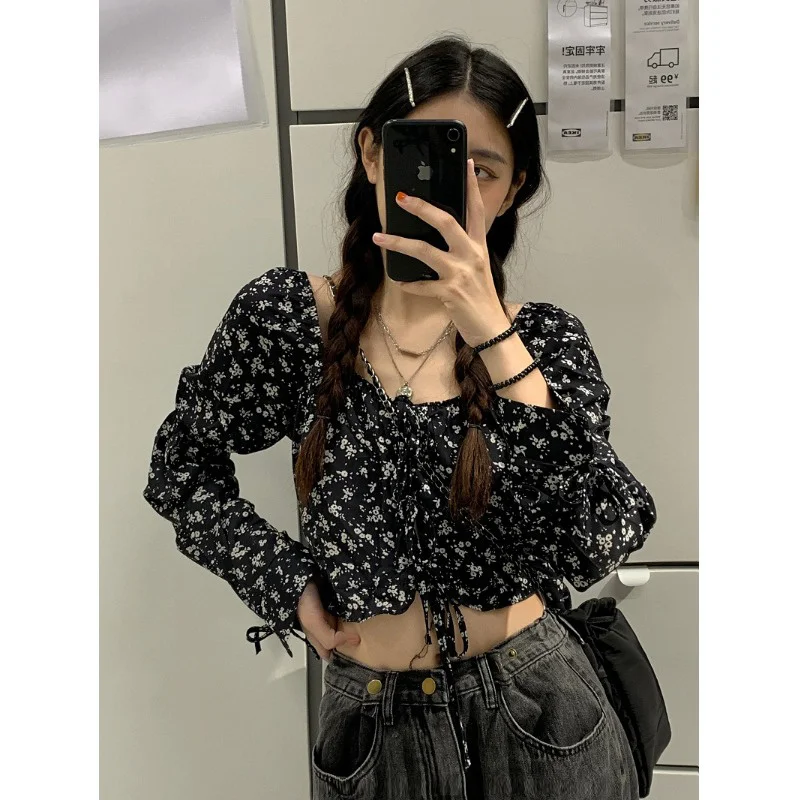 

Рубашка с длинным рукавом и цветочным принтом, женская дизайнерская рубашка Sense, Новинка весна-осень 2021, шикарный короткий топ во французско...