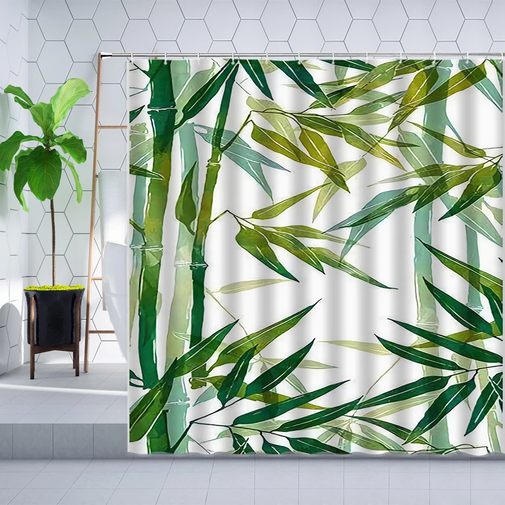 

Waterproof Bath Curtains Hand Painted Bamboos Leaves Shower Curtain Green Simple Life Home Decorative Bathroom Decor Accessories