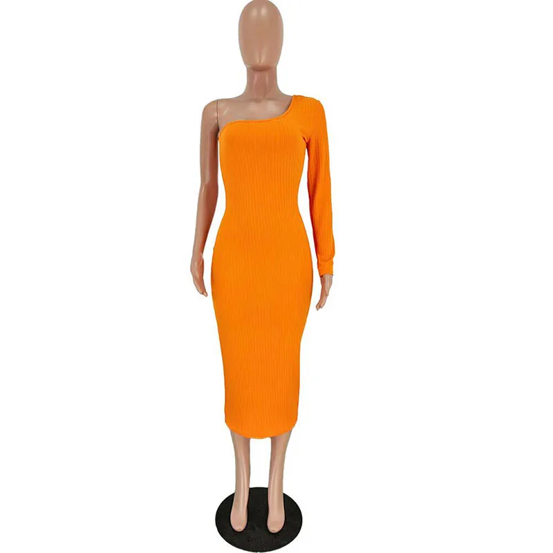 Women's Solid Color Slanted One-Shoulder Pit Nightclub Mid Dress | Женская одежда