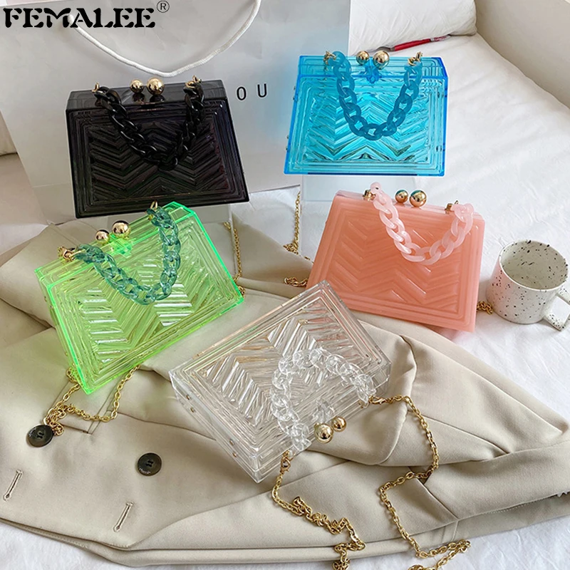 

Transparent Acrylic Chain Box Jelly Handbags Clear PVC Diamond Lattice Shoulder Bolsas 2021 Trendy Quilted Crossbody Tote Sac