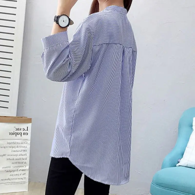

Women Fashion Vintage Stripes Print Stand Collar Shirt Loose Single-breasted Long Sleeve Blouse