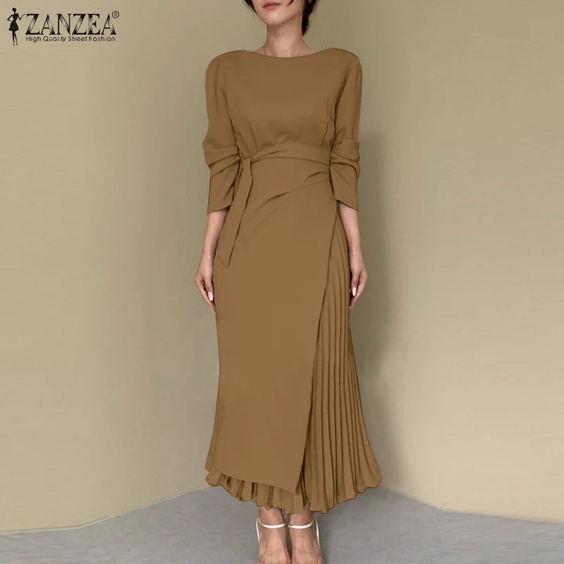 

Элегантный женский плиссированный сарафан ZANZEA 2022, модное однотонное длинное платье на шнуровке с длинным рукавом, Женский кафтан, весеннее ...