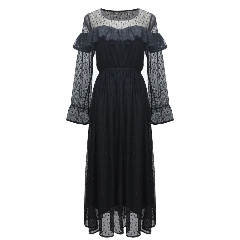

Black Color Plus Size Lace Dress Autumn 2021 Dots Sweet Ruffles Long Sleeve A-line Dress Women Elastic Waist Slim Dress Elegant