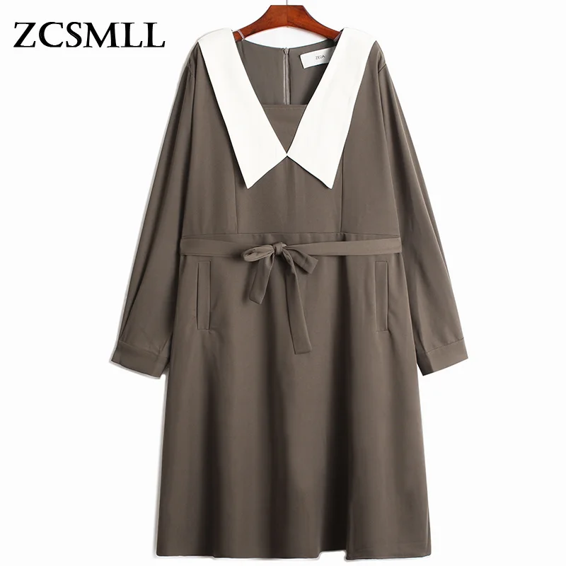 

ZCSMLL женское коричневое длинное винтажное платье большого размера с воротником «Питер Пэн» и длинным рукавом свободного покроя мода весна-о...