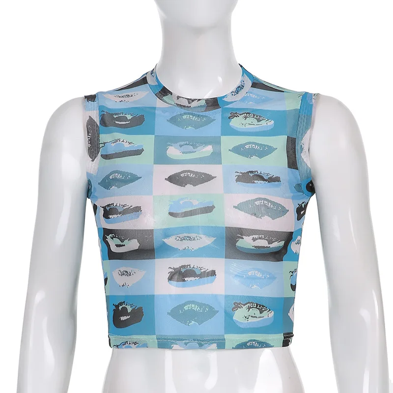

Goth Dark Mesh Lips Print E-girl Aesthetic Tank Tops Women Gothic Harajuku Grunge Sexy Crop Tops See Through Bodycon Streetwear