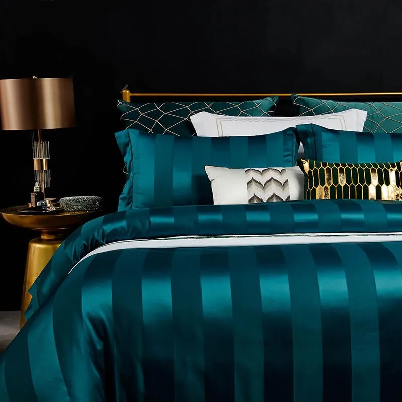 melhor Verde Cinza Listrado Conjunto Capa De Edredão 1000tc Algodão Egípcio Macio Jogo Cama Tripas Verticais Com Zíper Folha Fronhas