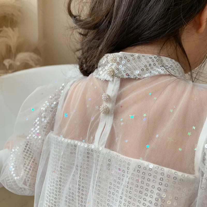 

Girls Party Costumes 2021 New Spring Korean Kids Sequined Mesh Princess Vestido Fashion Long Sleeve Children Suits 2-7Y