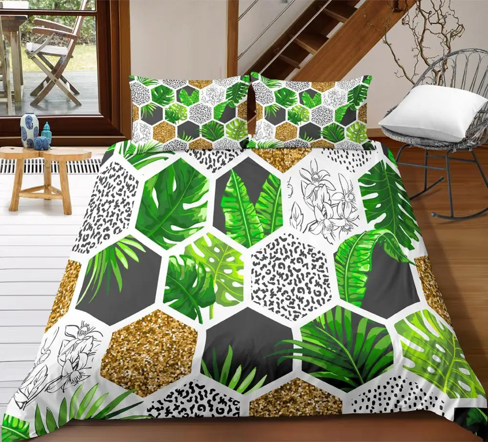

3D Digital Marble Bedding Modern Duvet Cover 2/3 Pieces Tropical Green Palm Leaves Bedspread Geometric Bed Set Kids Adult Bed