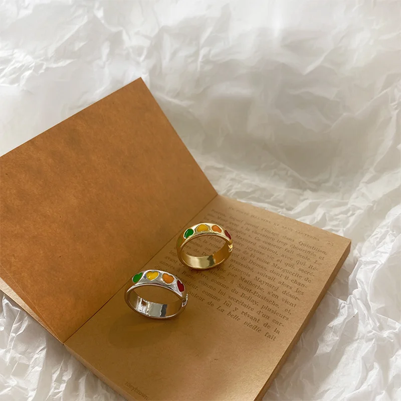 

Vintage Bohemia Colorful Enamel Love Heart Ring Cute Simple Metal Gold Silver Color Rings For Women Punk Rock Jewelry