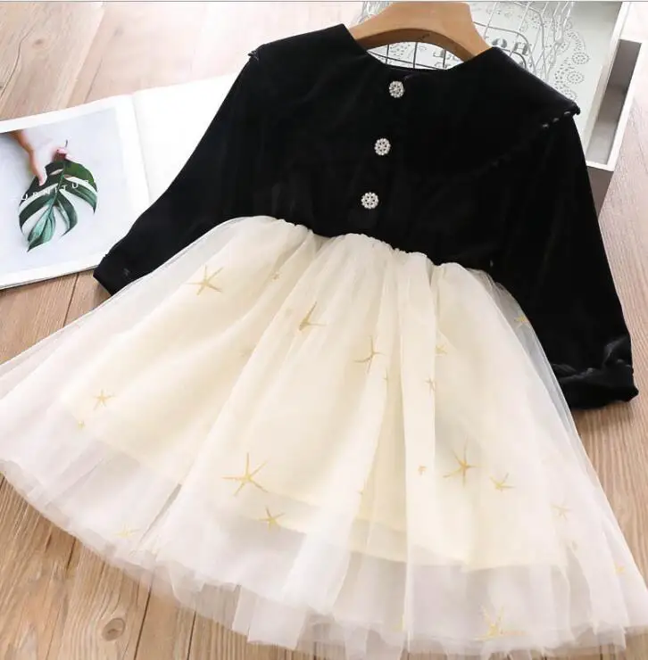 Элегантное платье для девочек осеннее принцессы с отложным воротником и принтом