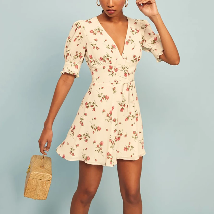 Женское винтажное мини-платье Вечерние цветочным принтом V-образным вырезом и