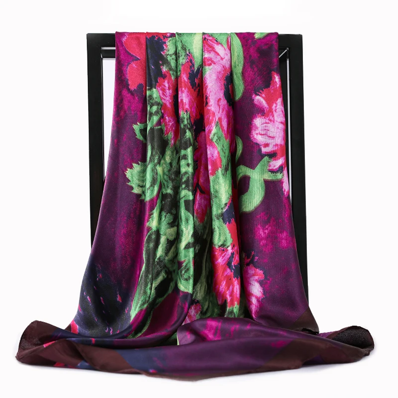 

2021 модный фиолетовый шарф для волос для женщин Шелковый сатиновый хиджаб с цветочным принтом шарфы 90 см квадратные шали шейный платок шарфы...