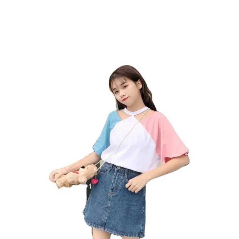 

Off Shoulder Short-Sleeved T-Shirt y2k Tops Aesthetic Women's Summer 2021 Korean Fashion Plus Size Harajuku Kawaii Patchwork Tee