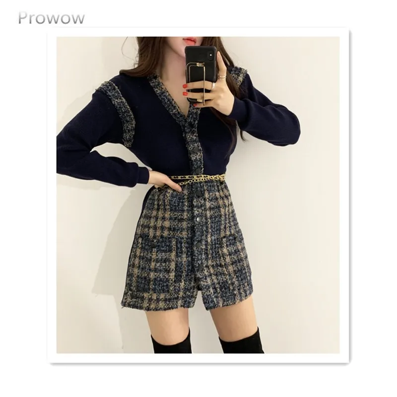 

V-neck Retro Single Breasted Tweed Dress Ladies Spring and Autumn Korean Long Sleeve Tweed Stitching Short Mini Dress