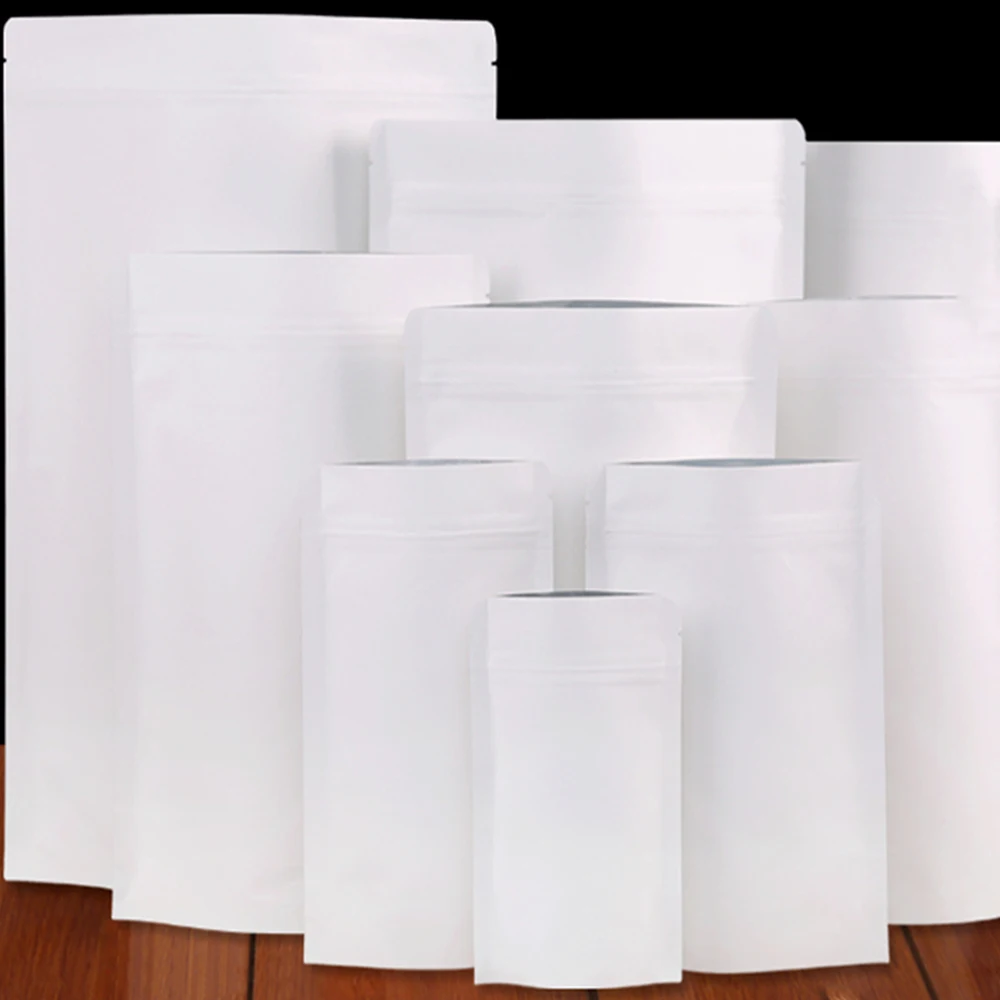 

500Pcs/Lot White Food Packaging Zipper Mylar Bag Kraft Paper Aluminum Foil Stand Up Pouch Zip Lock Resealable 13 Sizes
