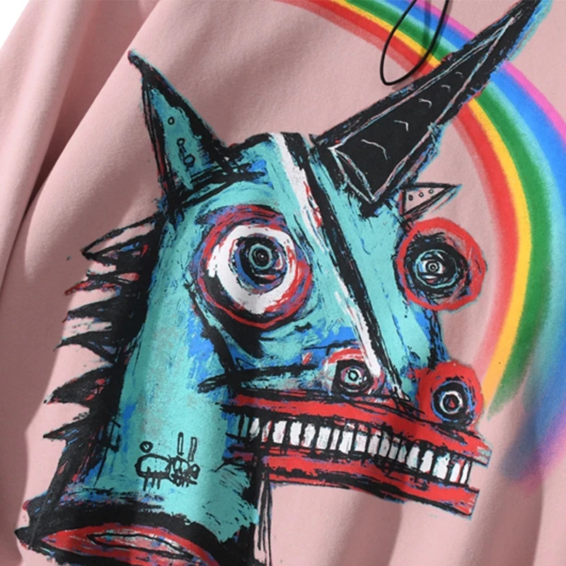 

Sweatshirts Men Casual Turtleneck Hoodies Couple Autumn Winter Hooded Streetwear Harajuku Rainbow Horror Print Pullover