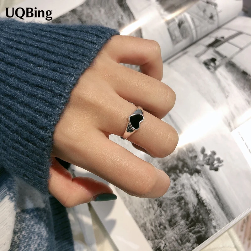 

Drop Shipping Vintage 925 Standard Silver Black Enamel Heart Shape Rings