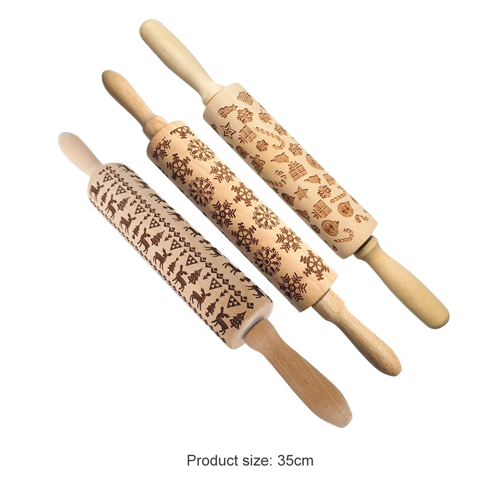 

3pcs Wooden Hardwood Embossing Rolling Pin Baking Cookies Noodle Biscuit Fondant Cake Dough Elk Snowflake Tree Engraved Roller