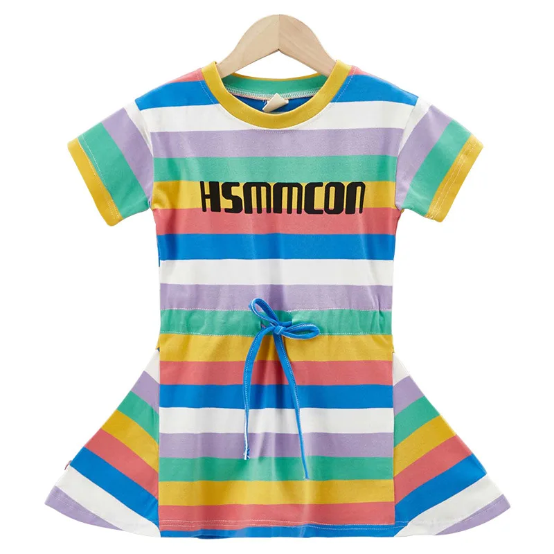 

Girls' Dress Summer New 2021 Colorful Striped Middle and Big Children Dress Children Shirt Trendy Student Sports Tennis Suit