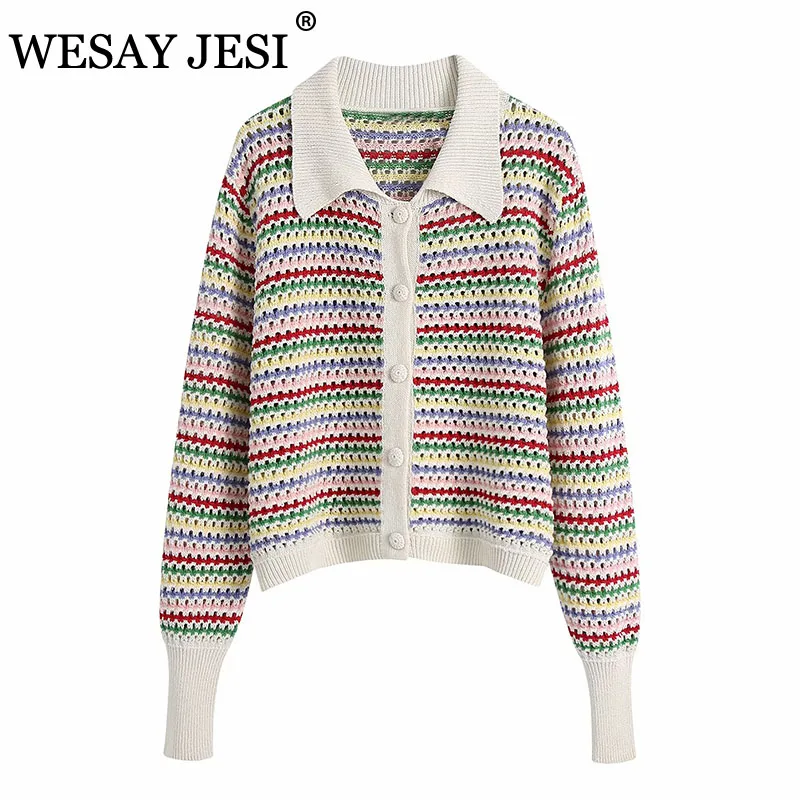 

WESAY JESI Spring New Women's Sweater Cardigan Turn-Down Collar Single-Breasted Rainbow Hollow Out Crochet Knitted Female Tops