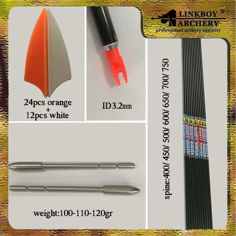 Linkboy стрельба из лука 12 шт. sp400 750 чистый углерод стрелка валы ID3.2mm X10 стрелки + Pin Nock
