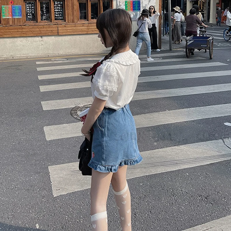 

Summer strawberry embroidered denim skirt female Korean sweet cute high waist casual mini skirt y2k Harajuku Kawaii A-line skirt