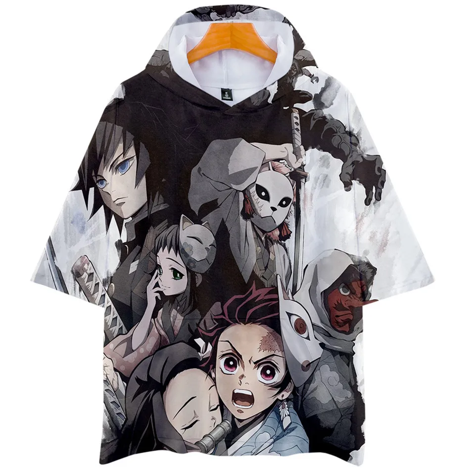 Anime Demon Slayer Kimetsu no Yaiba Cosplay Tanjiro Kamado Hooded T-shirt Short Sleeve T Shirt Fashion Harajuku Tshirt clothes