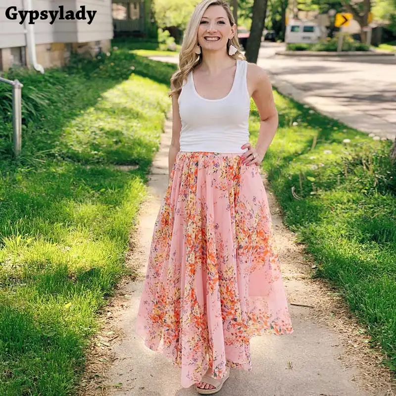 GypsyLady All Bloom Chiffon Maxi Skirt In Pink Floaty Plus Size Women Summer Floral Vibes Long Skirts Womens Faldas |