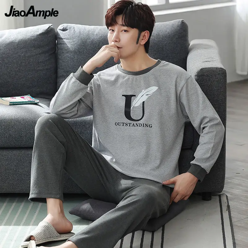 Men's Pajamas 2021 Autumn Winter Cotton Long-sleeved Trousers Pijamas Two-piece Male Sleepwear Loose Home Clothes Suit