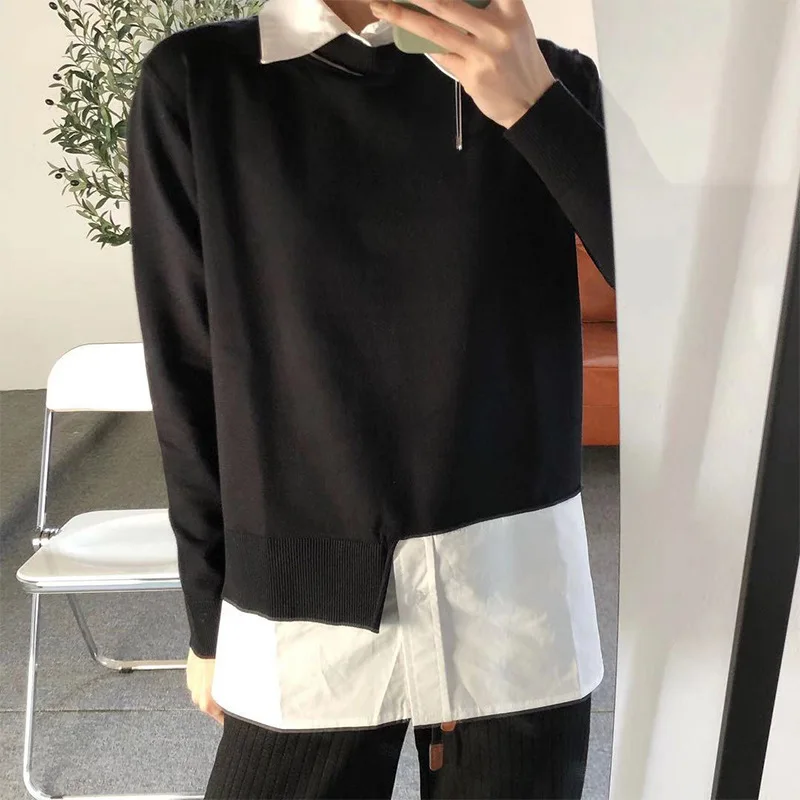 

2021 New Autumn Fake Two Female Sweater Fashion Elegant Women Sweater Cotton Loose Casual High Quality Ladies Sweater T669