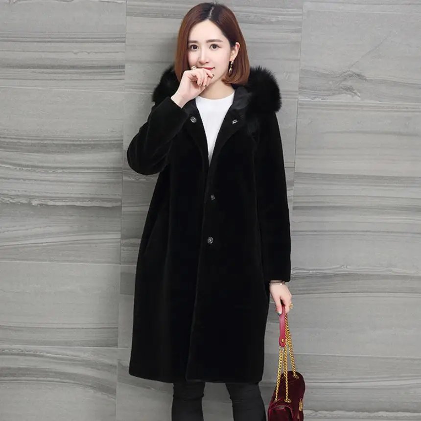 

2018 autumn and winter new fur coat female imitation sheep shearing jacket hooded windbreaker fashion fur collar outerwear L1306