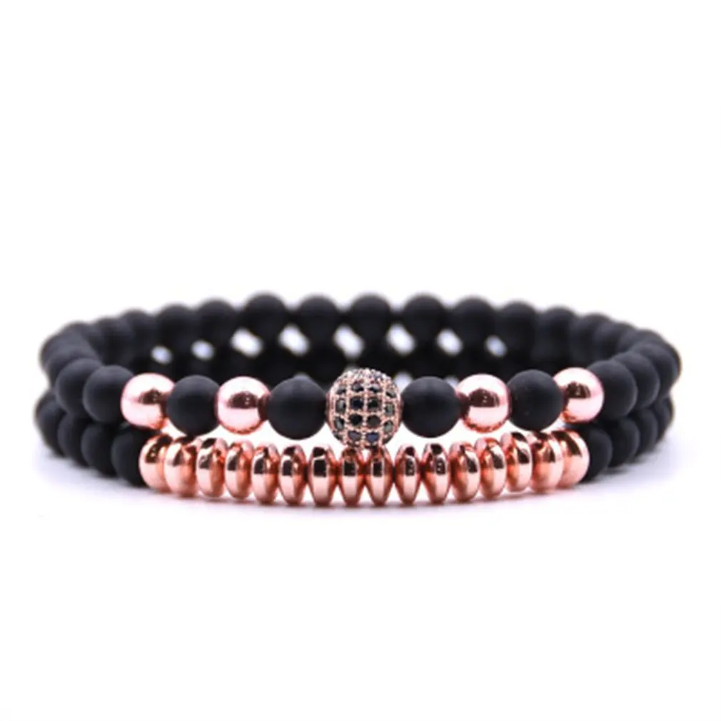 2 pcs/1 set Unisex Micro inlaid zircon stretch men women beads bracelet black gold color luxury gift | Украшения и аксессуары