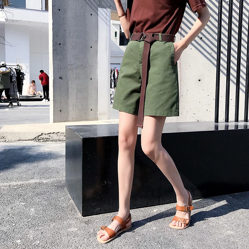 With Belt Summer Cuff Cargo Shorts Solid High Waist Plain Lounge Shorts Wide Leg Soft Knee Length Bermuda Short Women Activewear