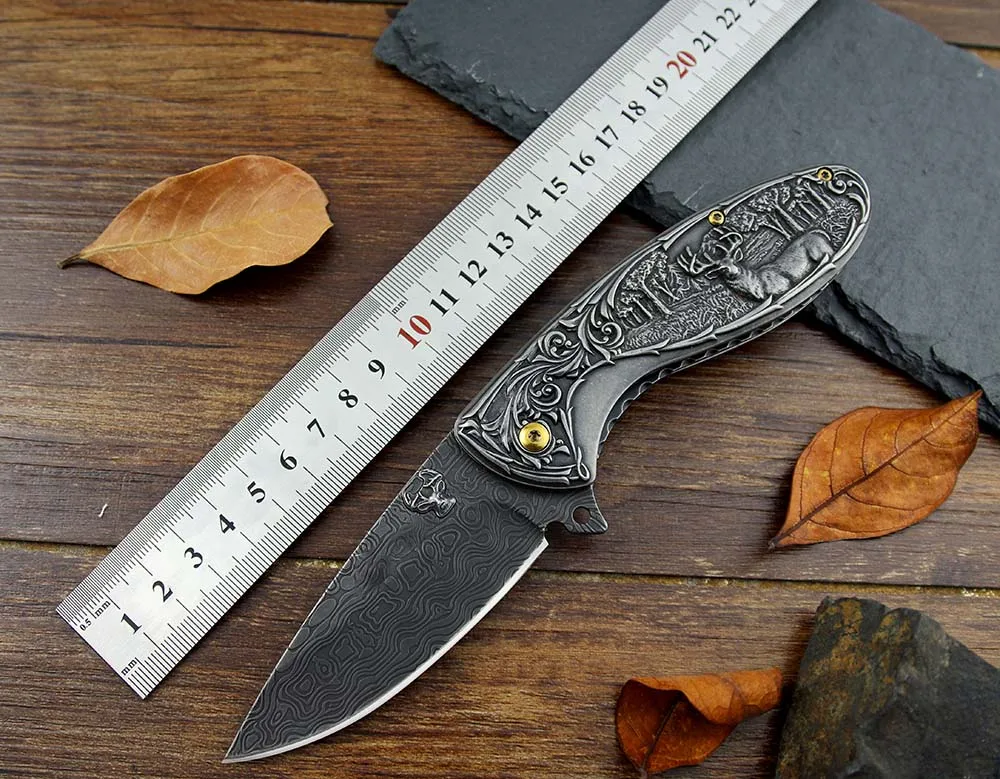 Tactical Folding Blade Utility Knife - Stonewash 3d Deer Engraved Collection |