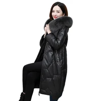 leather jacket winter womens hooded sheepskin duck down coat fox fur hooded thick outerwear warm medium length black down coat