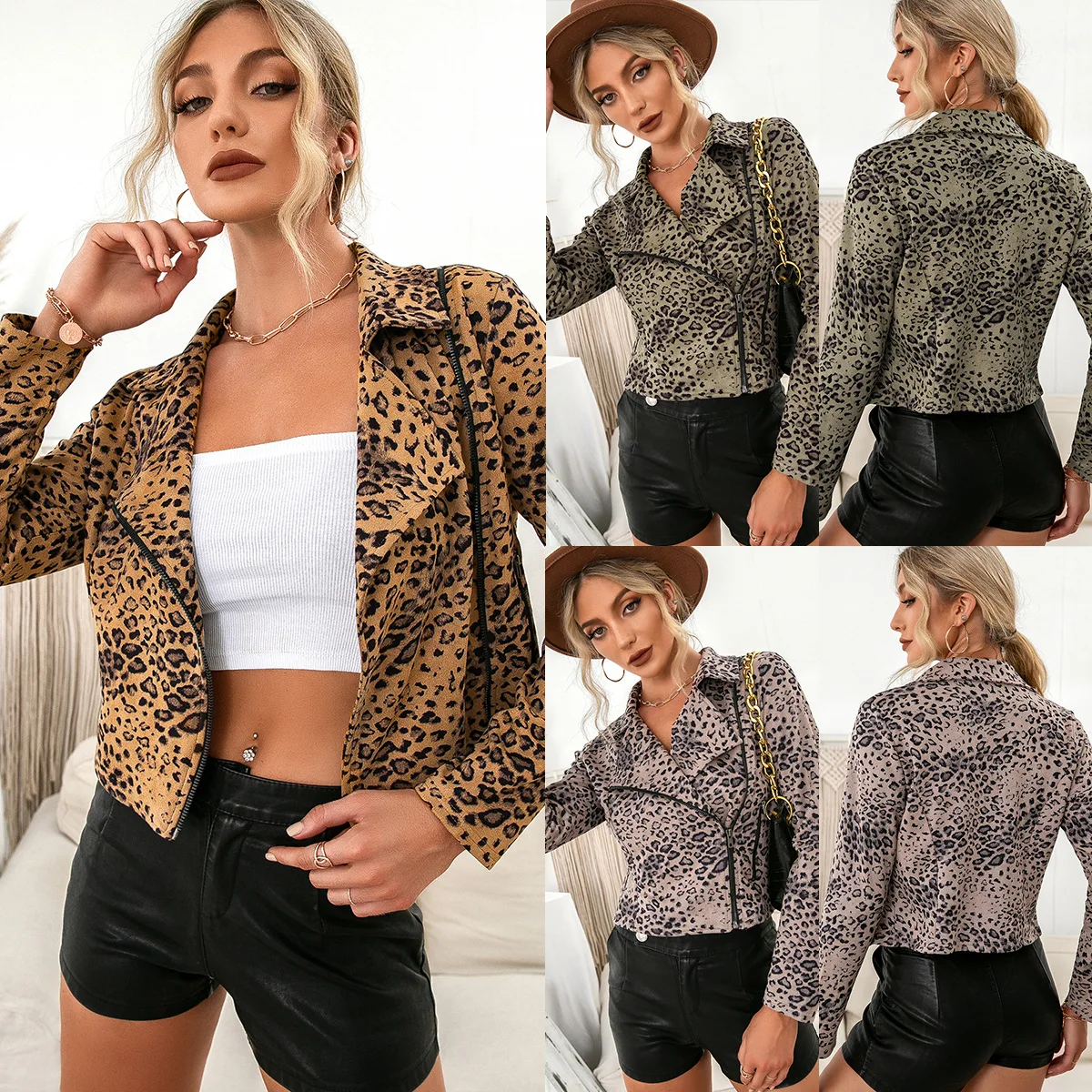 

Women's casual printed long-sleeved side zipper jacket coat top