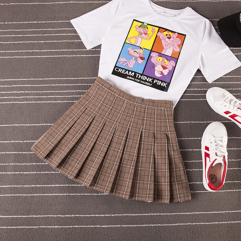 Женская мини-плиссированная юбка Harajuku в консервативном стиле, клетчатые юбки, милая японская школьная форма, Женская кавайная юбка - Цвет: Хаки