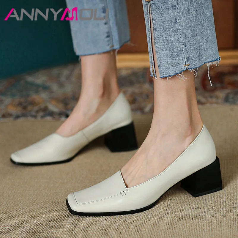

ANNYMOLI Genuine Leather Women Shoes Square Toe High Heels Shoes Cow Leather Thick Heel Pumps Fashion Dress Lady Footwear Beige